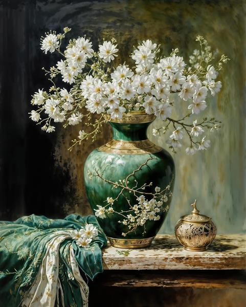 طرح عمودی گلدان یشمی و شکوفه های سفید بهاری برای چاپ پرده، رانر و پوستر دیواری پذیرایی لوکس