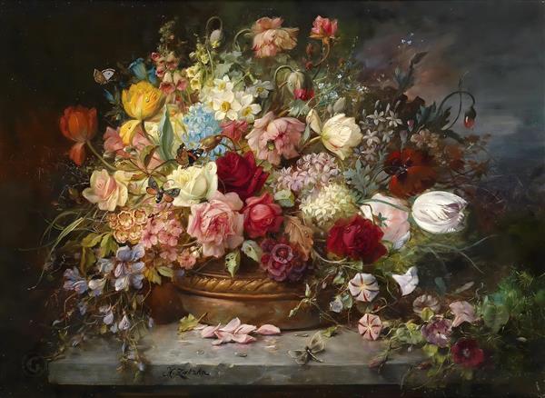 پوستر دیواری طرح تابلو نقاشی کلاسیک دسته گل مجلل و رنگارنگ مناسب برای قاب دکوراتیو و هتل