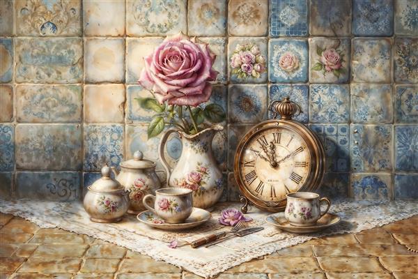 طرح نقاشی رنگ روغن گل رز صورتی و ساعت قدیمی برای پوستر دیواری پذیرایی و آشپزخانه کلاسیک