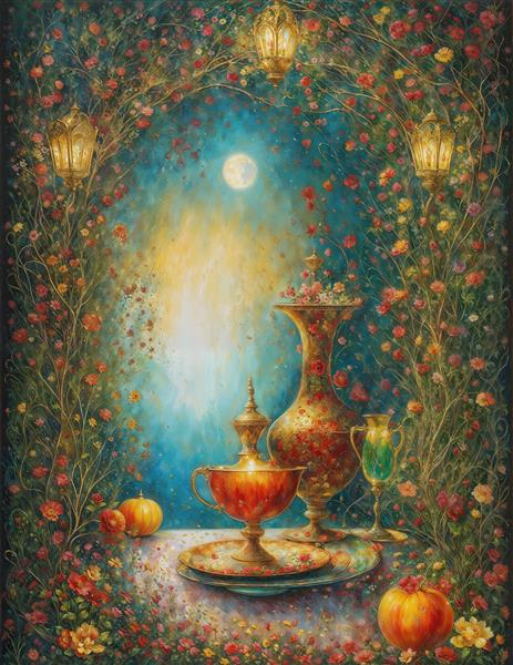 طرح اسلیمی و سنتی ظروف برنجی و فانوس در میان انبوه گل و گیاه ویژه پوستر دیواری رستوران‌های سنتی و چاپ روی کوسن و فرش