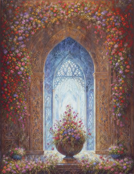 منظره رویایی طاق پوشیده از گل با نمای قصر در دوردست برای پوستر دیواری سه بعدی پذیرایی و ورودی تالارهای مجلل