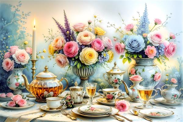 چیدمان میز عصرانه انگلیسی با سرویس چای‌خوری چینی و گل‌های رز مناسب برای چاپ روی سینی، رومیزی و پوستر دیواری کافه و آشپزخانه