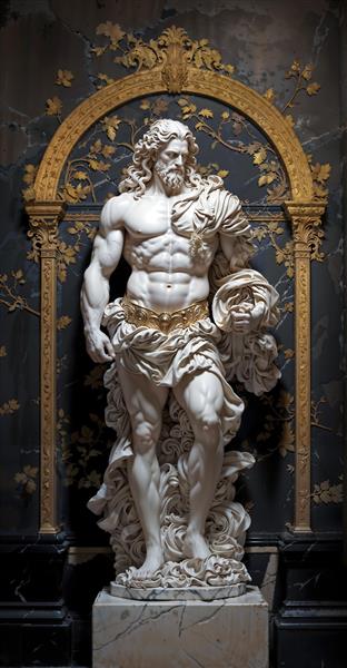 مجسمه مرمرین پیکره زئوس یا هرکول با جزئیات عضلانی خیره‌کننده ایده‌آل برای پوستر دیواری سه بعدی لابی هتل و باشگاه‌های بدنسازی لوکس