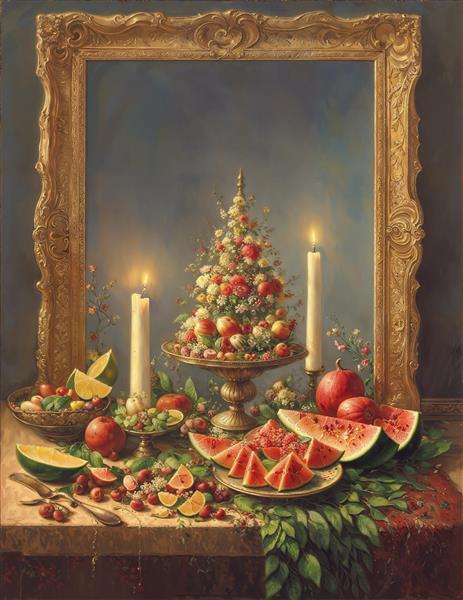 سفره شب یلدا با انار و هندوانه و دیوان حافظ ایده آل برای پوستر دیواری مدارس، رستوران سنتی و بنر تبریک یلدا