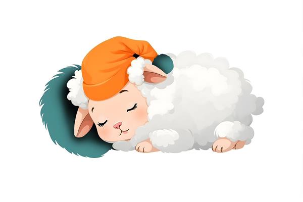 تصویر تصویرسازی بره کوچولوی خواب‌آلود با کلاه نارنجی مناسب چاپ روتختی کودک، پوستر دیواری مهدکودک و دکوراسیون اتاق نوزاد