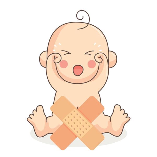 تصویر کارتونی نوزاد در حال گریه با چسب زخم ویژه کتاب‌های آموزشی کودکان، بروشورهای پزشکی و پوستر دیواری کلینیک اطفال