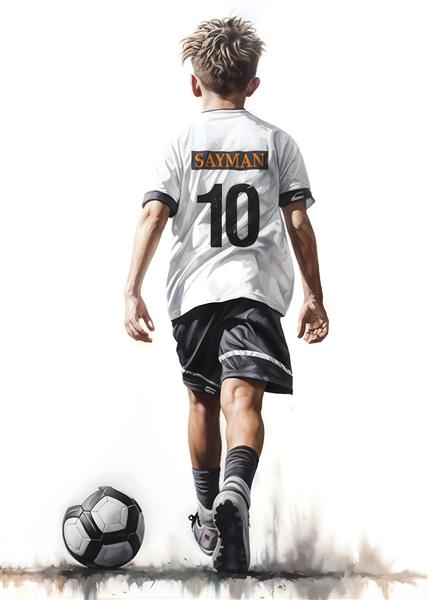 نقاشی دیجیتال پسر فوتبالیست با نام Sayman پشت لباس مناسب پوستر دیواری اختصاصی اتاق کودک