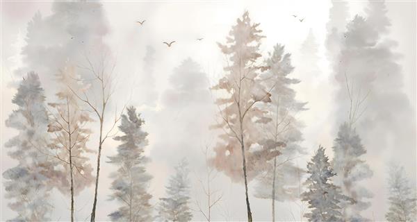 پوستر دیواری منظره مه آلود جنگل کاج با سبک آبرنگی ملایم مناسب دیوار پذیرایی و فضای مدیتیشن