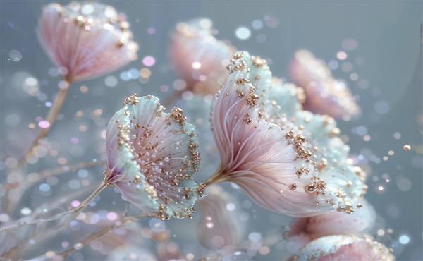 پوستر دیواری مدرن گلهای کریستالی و فانتزی صورتی درخشان مناسب دکوراسیون لوکس و پشت تلویزیون