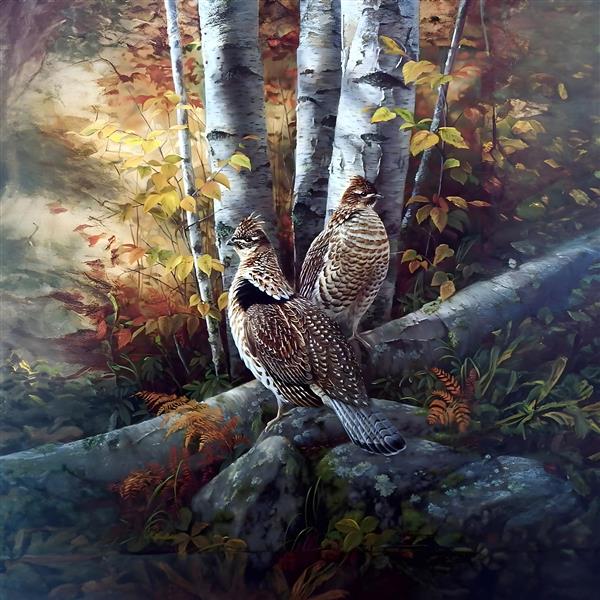 منظره جنگل پاییزی و پرنده های قرقاول در میان درختان سپیدار ویژه پوستر دیواری خانه های ویلایی و رستوران