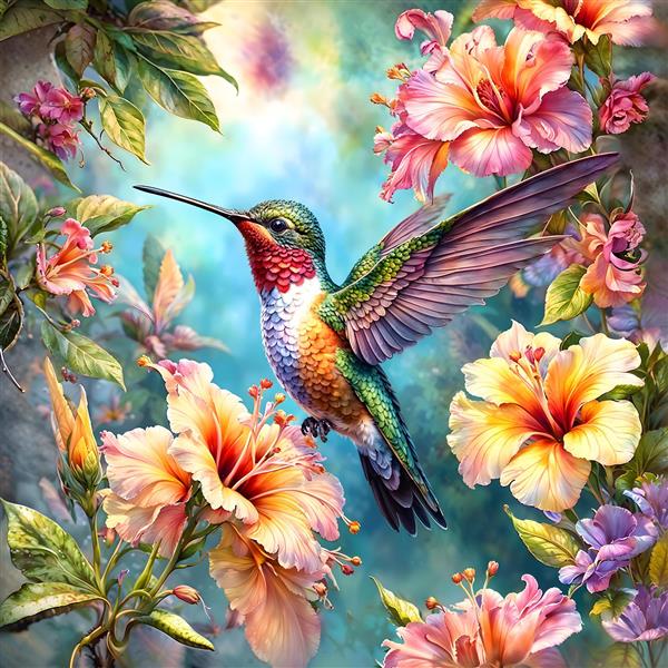 نقاشی مرغ مگس خوار و گل های ختمی رنگارنگ برای پوستر دیواری سه بعدی و چاپ روی روتختی