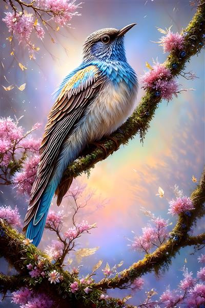 تصویر باکیفیت پرنده فانتزی بر روی شاخه پرشکوفه ویژه چاپ روی بوم، کوسن و پوستر دیواری اتاق کودک