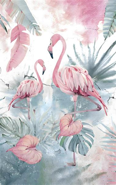 پوستر دیواری فلامینگوهای صورتی با برگ های استوایی مناسب برای اتاق مستر، سالن های زیبایی و مزون