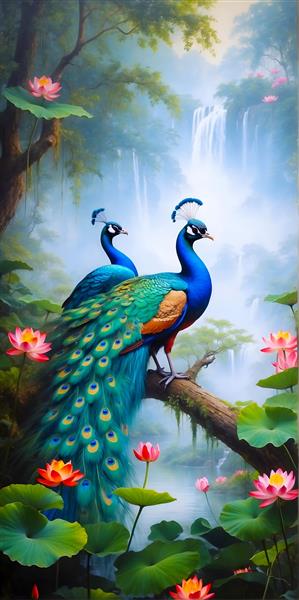 پوستر دیواری منظره رویایی طاووس و آبشار با گلهای نیلوفر آبی مناسب دکوراسیون پذیرایی و لابی هتل