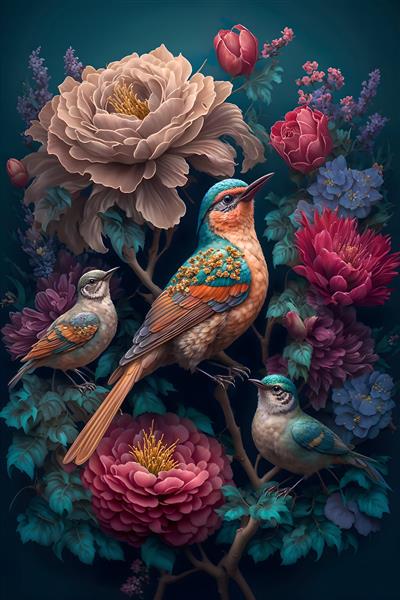 ترکیب نقاشی پرندگان رنگارنگ و گل‌های درشت کلاسیک ویژه پوستر دیواری مجلل، پرده و روتختی دونفره