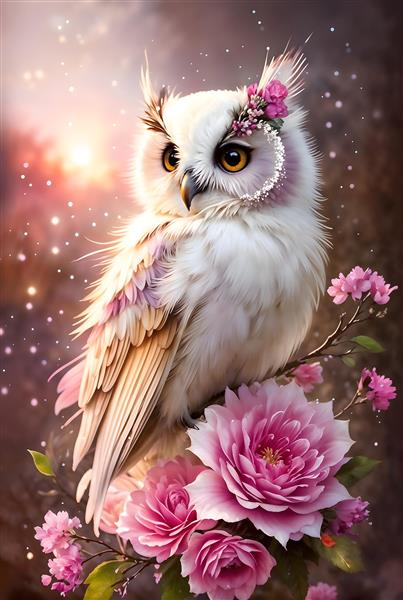 تصویر جغد سفید میان گل‌های صورتی در غروب آفتاب برای پوستر دیواری آرامش‌بخش اتاق خواب و فضای مطالعه