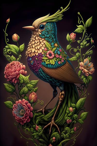 طرح تزیینی پرنده و گل‌های رز با جزئیات خیره‌کننده برای پوستر دیواری عمودی و چاپ روی فرش و تابلو فرش