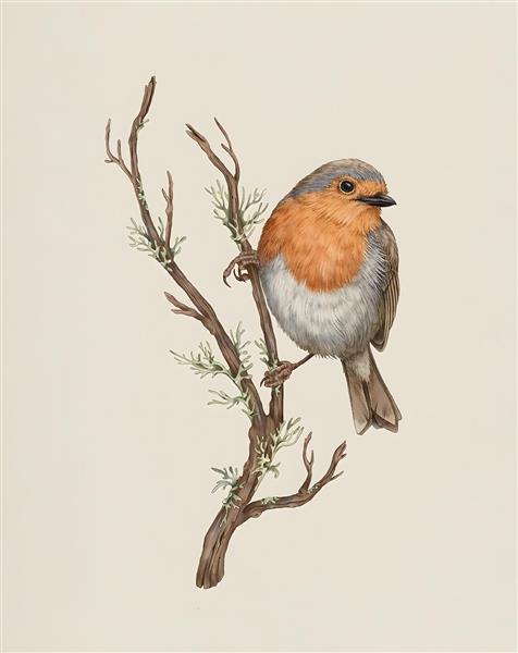 نقاشی کلاسیک پرنده روی شاخه خشک مناسب برای قاب دکوراتیو، کوسن و پوستر دیواری فضاهای سنتی و دنج