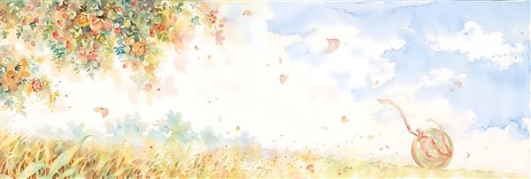 منظره آبرنگی دشت گندم و آسمان ابری ویژه پوستر دیواری افقی، کاغذ دیواری پذیرایی و چاپ روی پرده توری