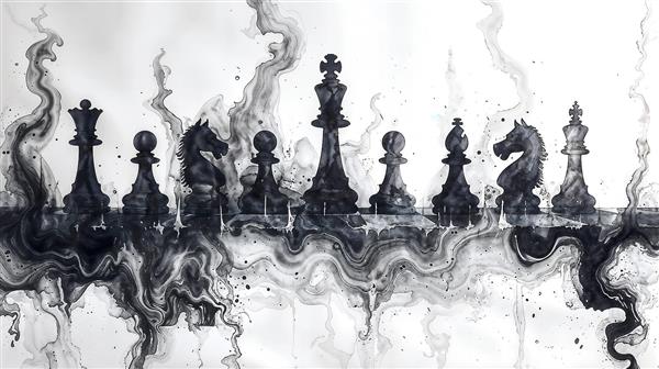 طرح هنری و آبرنگی شطرنج با دود و افکت انتزاعی برای پوستر دیواری اتاق مطالعه، گیم‌نت و کلوپ‌های فکری