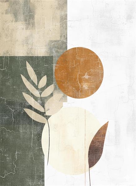 کاغذ دیواری طرح انتزاعی بوهو با برگ و دایره‌های خاکی و زیتونی مناسب برای اتاق خواب، نشیمن و روتختی بزرگسال