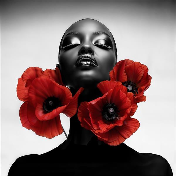 چهره سیاه و سفید زن آفریقایی با گل‌های شقایق قرمز طبیعی ویژه چاپ روی بوم، تابلو شاسی و دکوراسیون مزون عروس