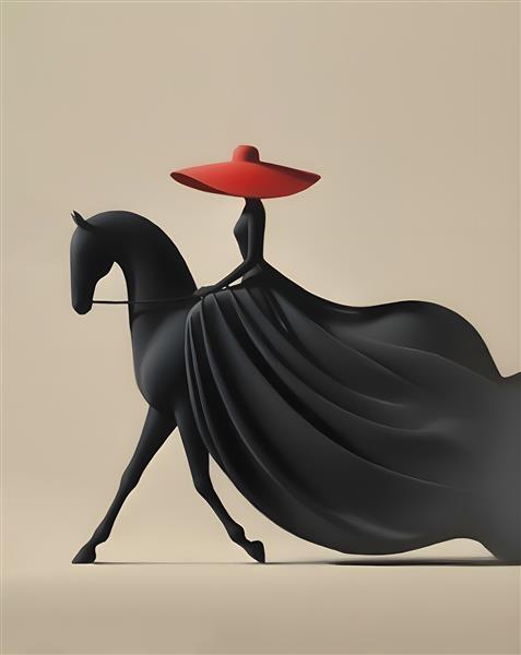 طرح زن سوارکار با کلاه قرمز و لباس مشکی لوکس برای پوستر دیواری سالن‌های مد، مزون و اتاق خواب مدرن