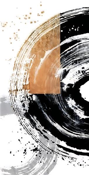 نقاشی انتزاعی دایره‌ای با ورق طلا و ضربات قلم‌مو مشکی برای دیوار پشت میز کنفرانس و لابی برج‌ها