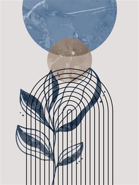 طرح هندسی انتزاعی با المان‌های گیاهی و رنگ سرمه‌ای مناسب برای چاپ پرده مدرن و کوسن‌های دکوراتیو