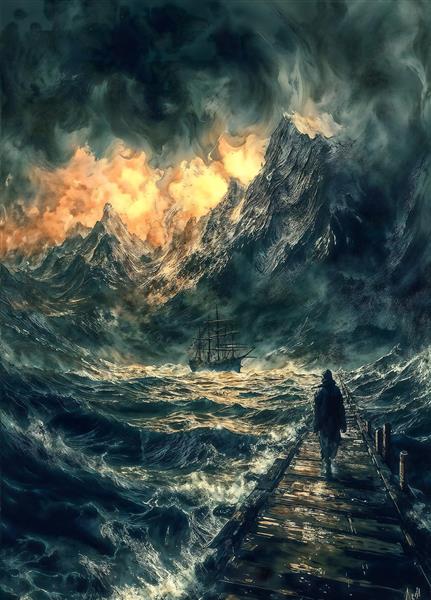 تصویر مفهومی عبور از اسکله چوبی به سوی کوهستان و کشتی در دریای طوفانی مناسب دکوراسیون هال و ورودی
