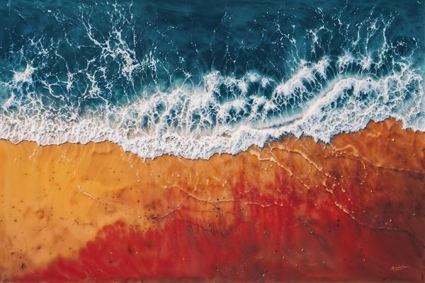 طرح هنری ساحل دریا از نمای بالا با ترکیب رنگ آبی و نارنجی برای چاپ رومیزی، بشقاب و تابلوهای مدرن