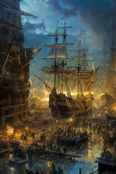 نمای شلوغ بندرگاه قدیمی با کشتی های بادبانی چوبی برای چاپ روی پوستر دیواری های بزرگ و کافه های سنتی