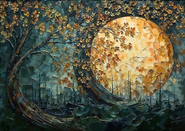منظره انتزاعی درخت و ماه بزرگ در دل جنگل تاریک مناسب اتاق خواب و سالن های ماساژ جهت ایجاد آرامش