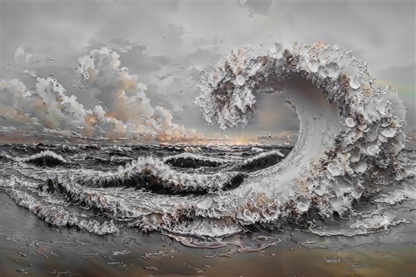 نقاشی سیاه و سفید موج خروشان با جزئیات هنری خیره کننده برای دیوار پشت تلویزیون و محیط های اداری خاص