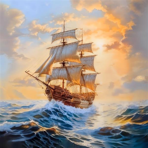 تصویر کشتی قدیمی در دریای آرام با نور گرم خورشید ویژه چاپ روی پرده، روتختی و کاغذ دیواری های لوکس