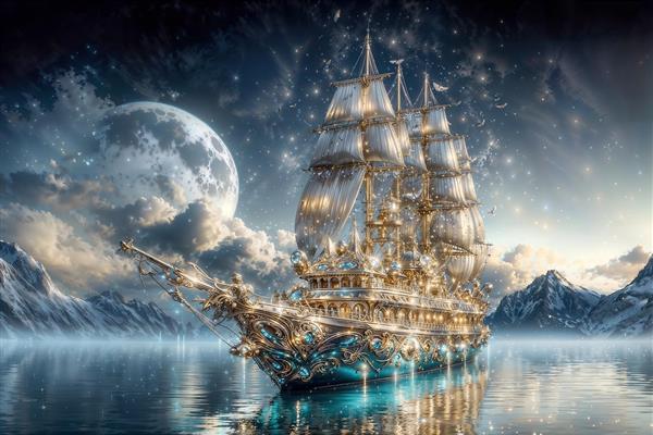 طرح فانتزی کشتی درخشان در قطب جنوب زیر نور ماه برای پوستر دیواری خلاقانه و مدرن