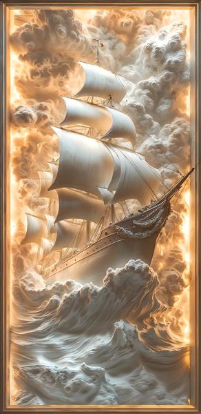 طرح گچ‌بری و برجسته کشتی در میان امواج خروشان برای پوستر دیواری سه بعدی پذیرایی و ناهارخوری