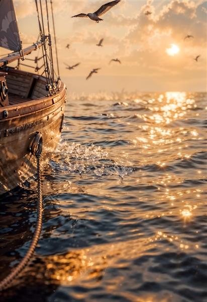 نمای نزدیک از عرشه کشتی و مرغان دریایی در غروب آفتاب برای پوستر دیواری ویلا و اتاق نشیمن