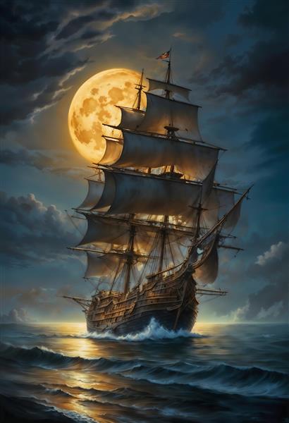 پوستر دیواری کشتی بادبانی قدیمی زیر نور ماه کامل مناسب اتاق کار، کتابخانه و دکوراسیون کلاسیک