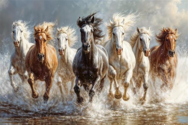 پوستر دیواری عریض حرکت گله اسب‌های وحشی در آب مناسب برای لابی، دیوار پذیرایی بزرگ و پشت میز مدیریت