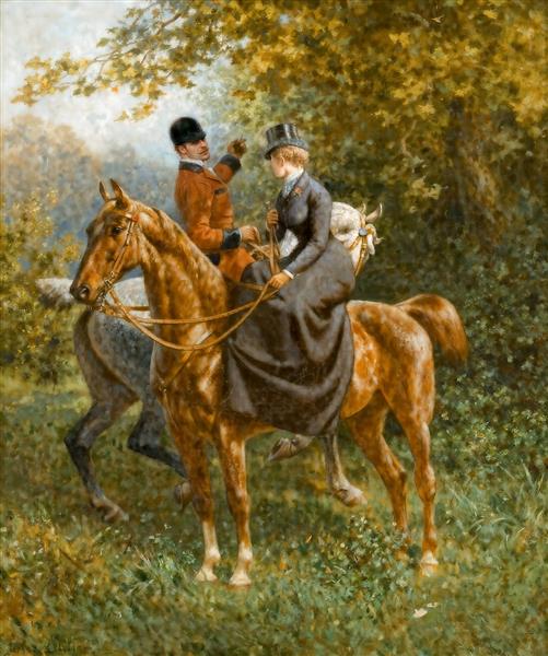 نقاشی کلاسیک سوارکاران و شکارچیان در جنگل پاییزی برای چاپ روی پرده، کوسن و پوستر دیواری خانه‌های مجلل