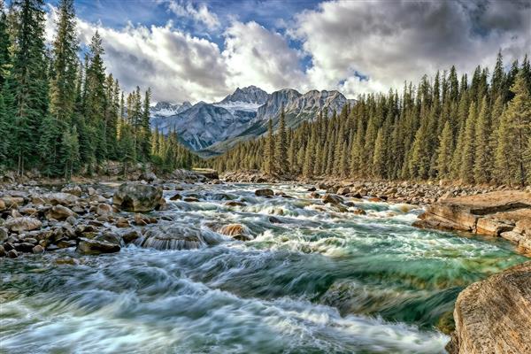 منظره رویایی رودخانه خروشان و کوهستان برفی مناسب پوستر دیواری سه بعدی پذیرایی، اتاق کار و لابی هتل