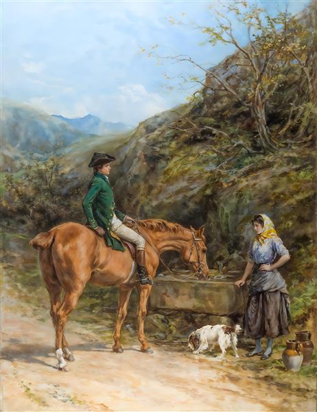 طرح نقاشی کلاسیک اسب‌سوار و دختر روستایی کنار چشمه ویژه پوستر دیواری پذیرایی و اتاق خواب با سبک دکوراسیون کلاسیک و اروپایی