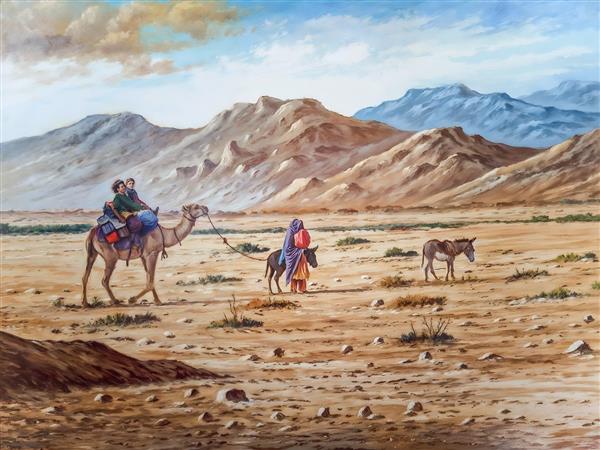 نقاشی سنتی کاروان شتر و عشایر در دل کویر مناسب چاپ پوستر دیواری پذیرایی و تابلو دکوراتیو هتل‌های سنتی و بوم‌گردی