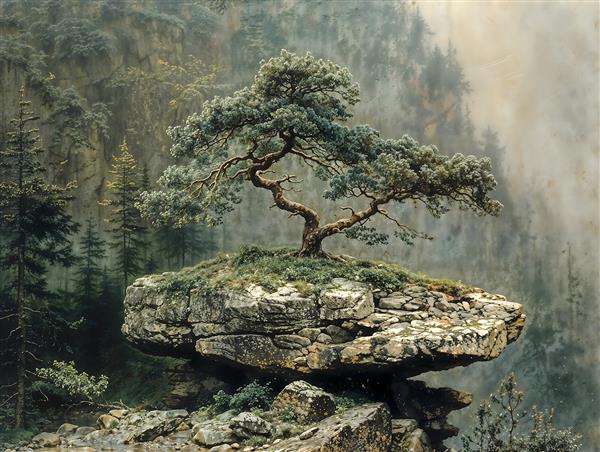 تابلو دکوراتیو نقاشی منظره تک درخت روی صخره در میان مه و کوهستان برای فضای مدیتیشن و لابی