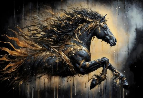 پوستر دیواری فانتزی اسب سیاه با یال‌های طلایی و افکت انتزاعی برای دکوراسیون اتاق نوجوان و گیمینگ