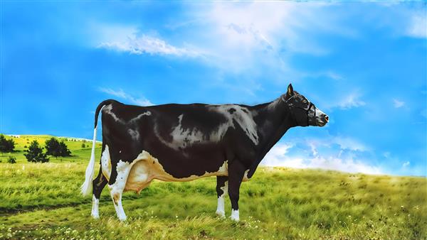 پوستر منظره مزرعه با تصویر گاو در چمنزار زیر آسمان آبی مخصوص رستوران‌ها و فروشگاه‌های ارگانیک