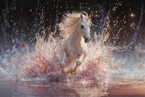 طرح هنری اسب سپید در میان پاشش آب و کریستال‌های درخشان جهت پوستر دیواری لوکس و مدرن