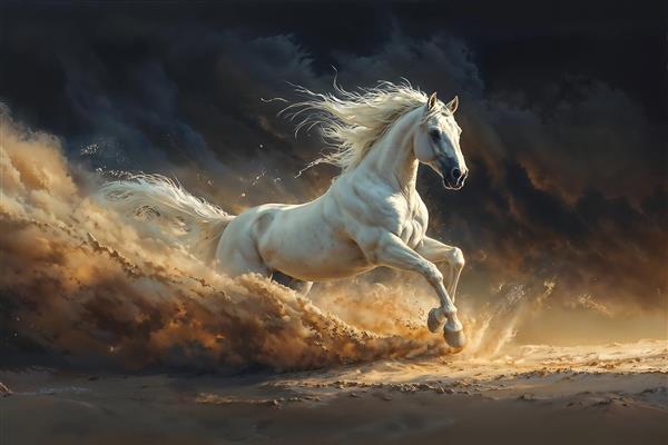 تصویر باکیفیت اسب سفید در حال دویدن در غبار و کویر ویژه چاپ روی بوم و پوستر دیواری عریض