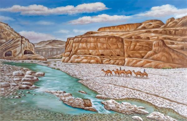 پوستر دیواری منظره کویر و کاروان شترها در کنار رودخانه برای دکوراسیون سنتی و رستوران